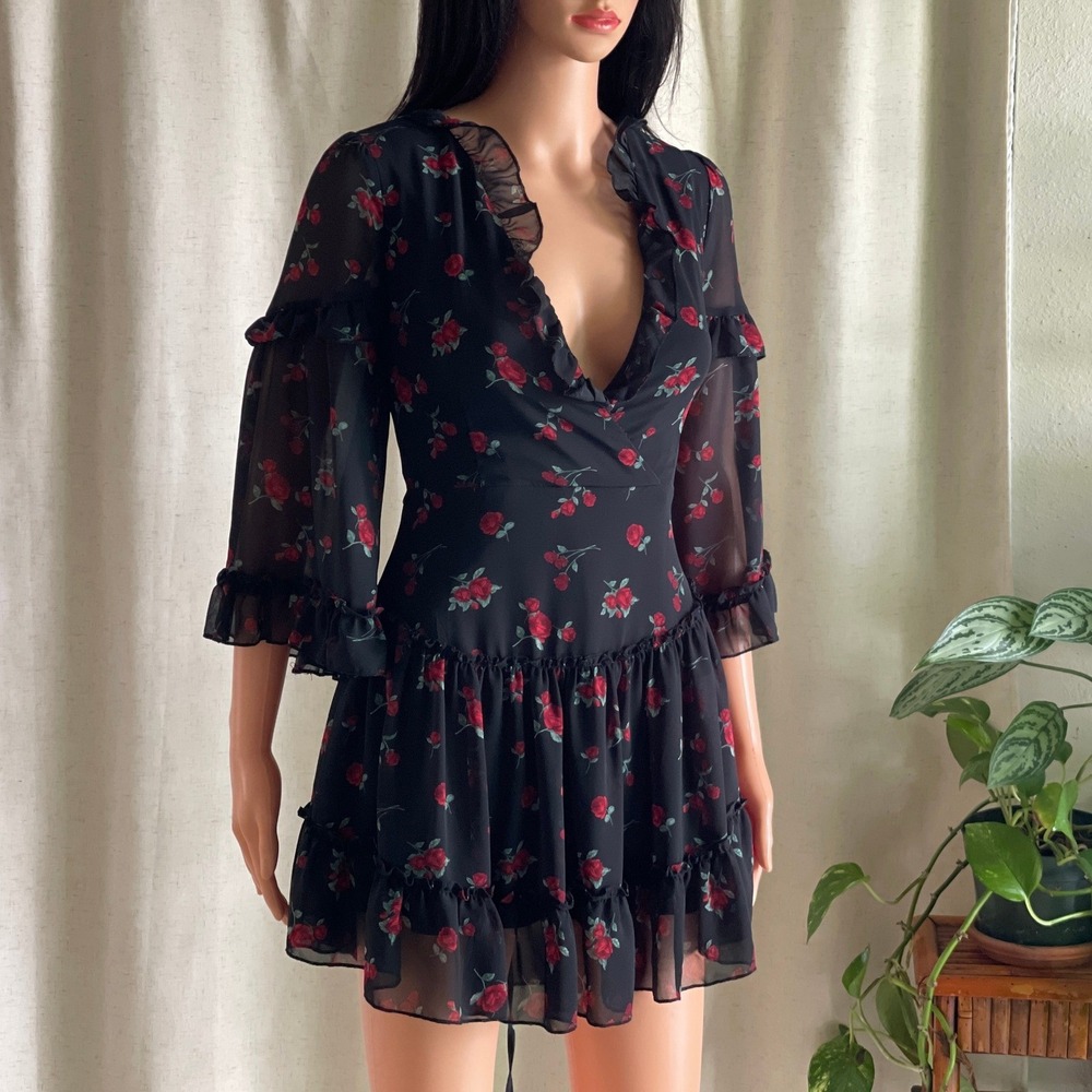 Forever 21 Rose Floral Ruffle Mini Dress Black Red Lace Up Back Small